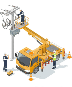 skylift-employees-electric-power-and-engineer-maintenance-working-electrical-wires-line-use-Yellow-Medium-boom-lift-truck-isometric skylift-employees-electric-power-and-engineer-maintenance-working-electrical-wires-line-use-Yellow-Medium-boom-lift-truck-isometric